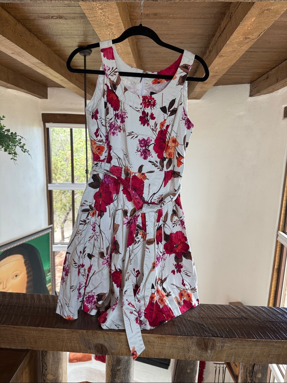R&M Richards White Midi Dress with Red, Pink & Orange Floral Print